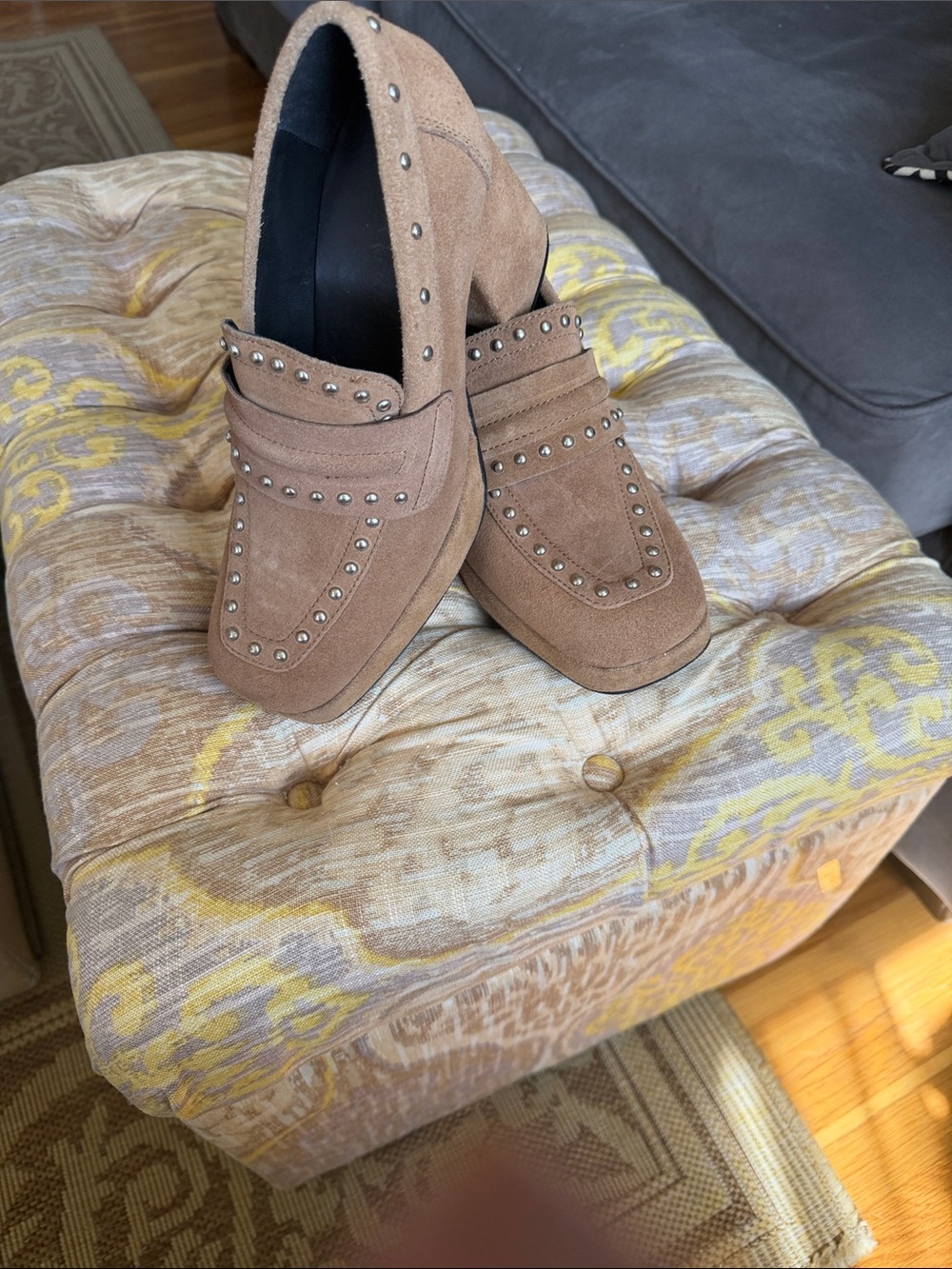 Taupe Suede Studded Heeled Loafers
